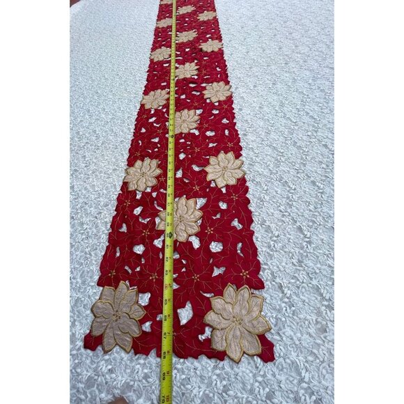 Christmas Flower Rectangular Embroidered Table Runner Red Gold Flower 68x12 - Picture 9 of 9